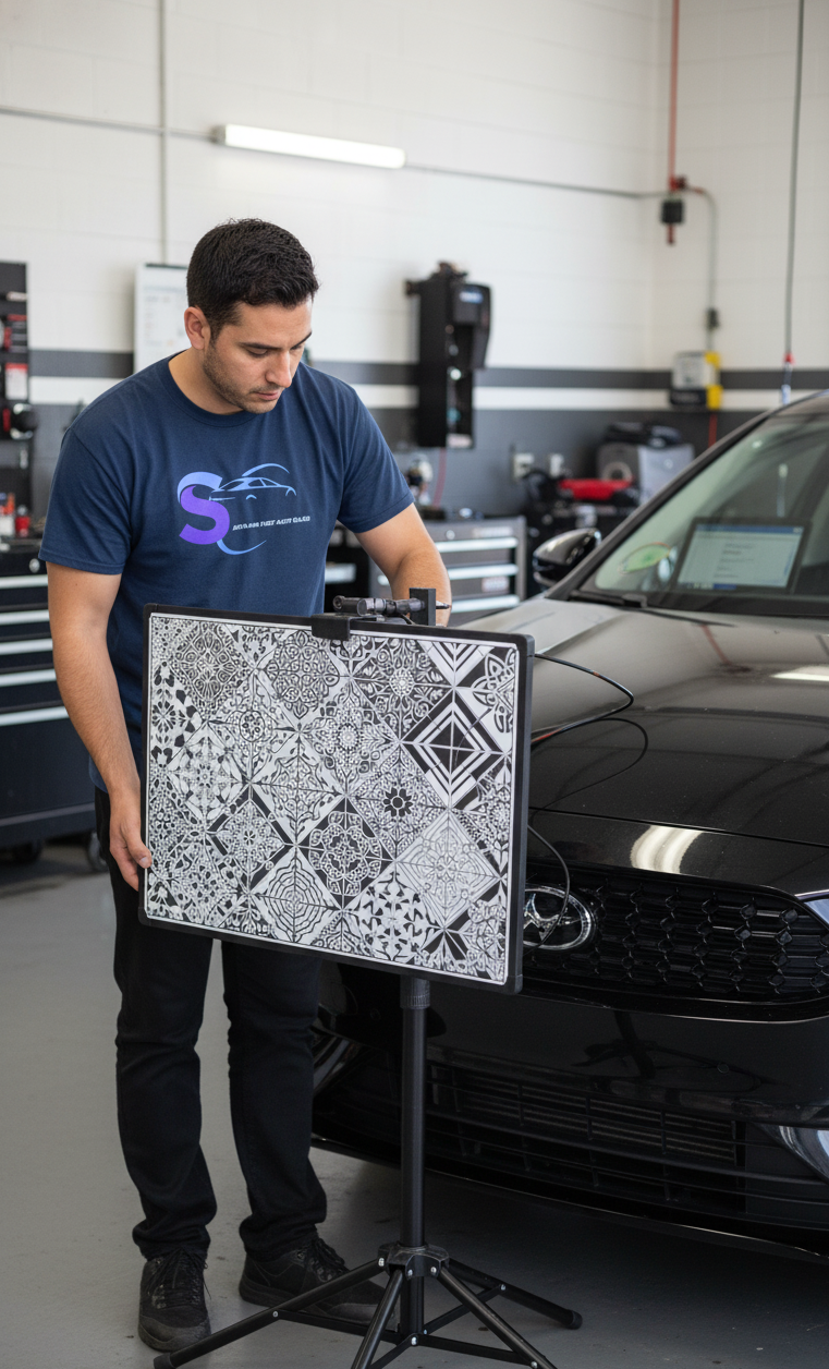 Santa Ana Fast Auto Glass technician running an ADAS camera calibration in Santa Ana, CA