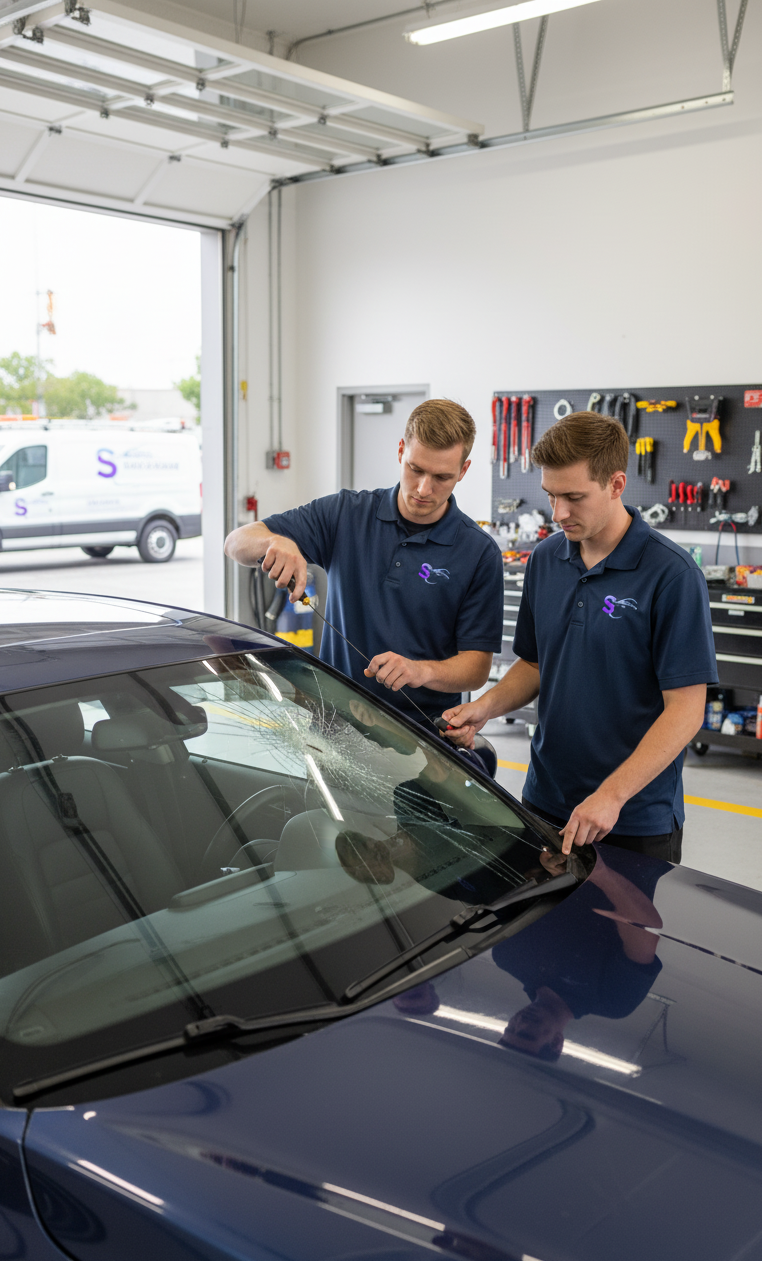Santa Ana Fast Auto Glass technicians fitting a replacement windshield at the Santa Ana, CA shop