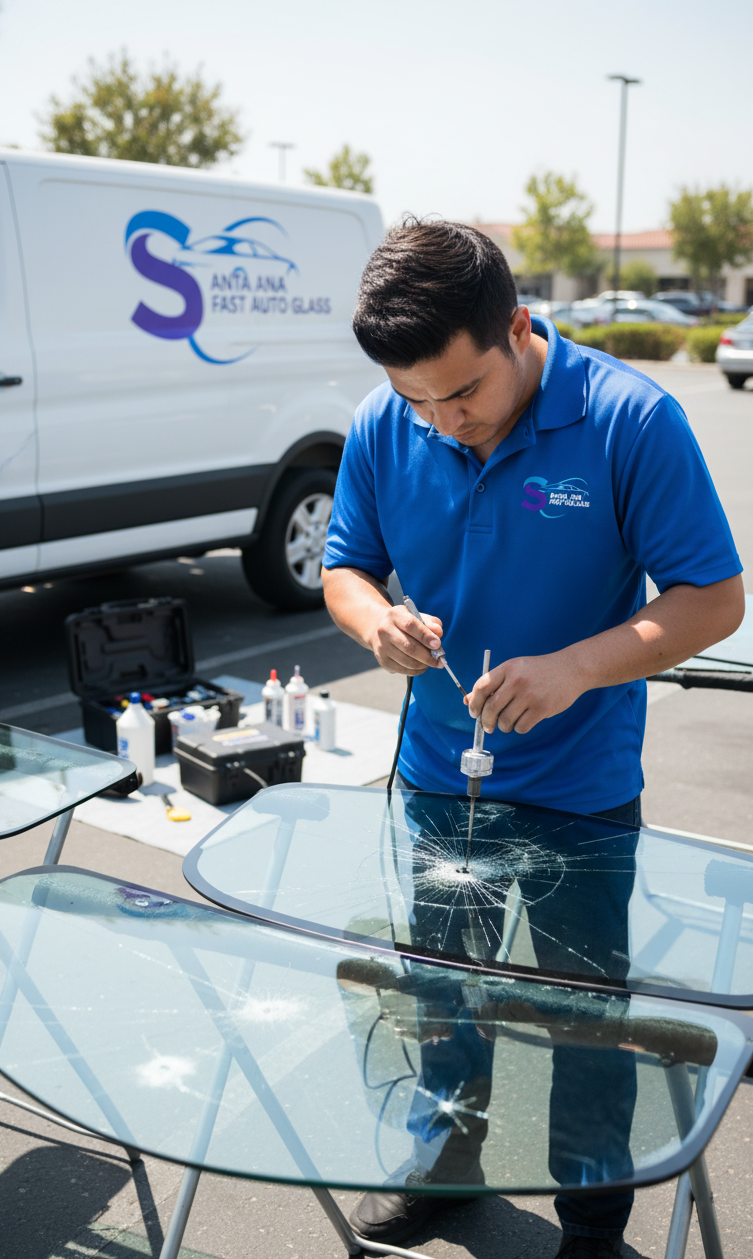 Santa Ana Fast Auto Glass technician completing a mobile auto glass job in Santa Ana, CA