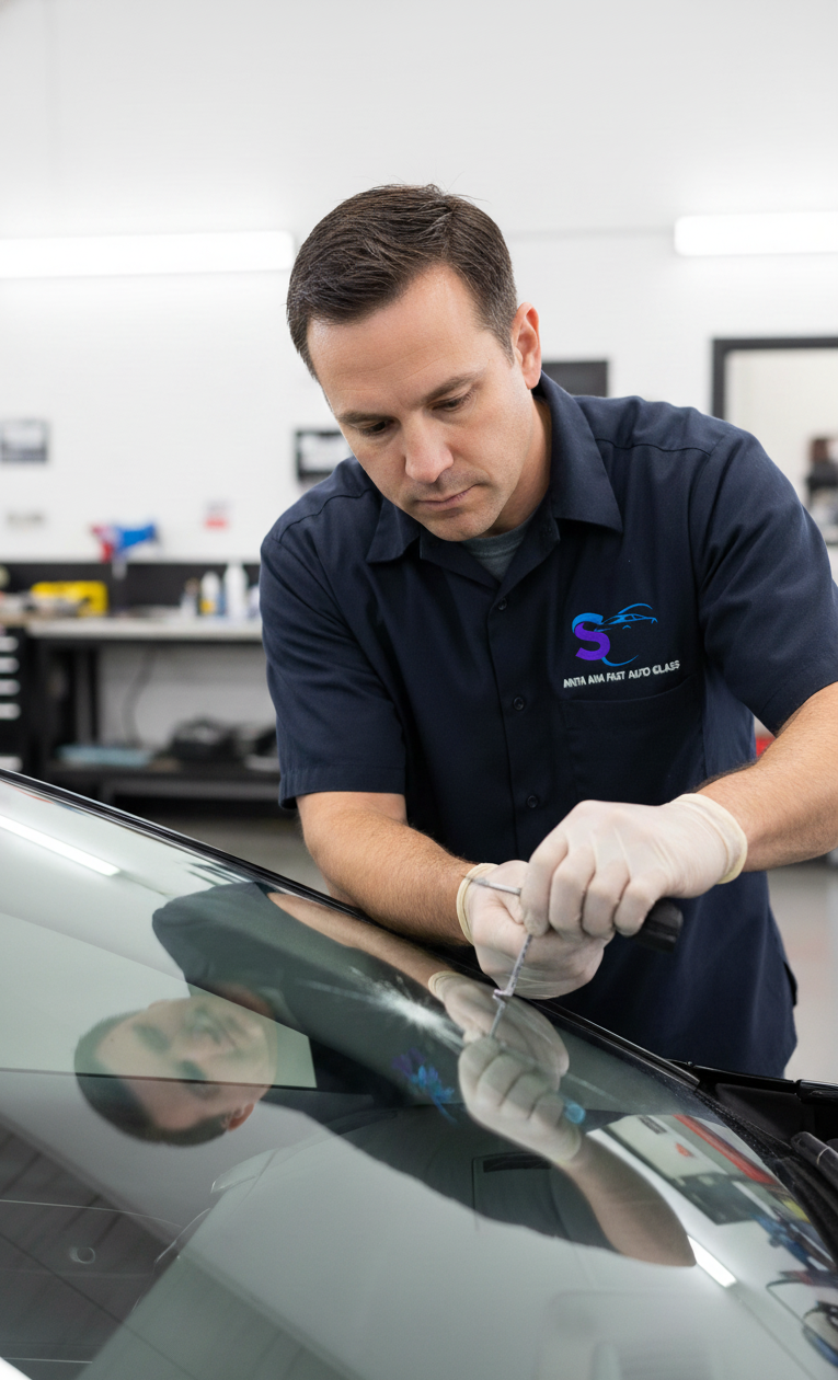 Santa Ana Fast Auto Glass technician inspecting laminated windshield glass in Santa Ana, CA