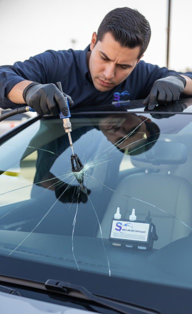 Santa Ana Fast Auto Glass technician recalibrating a forward-facing ADAS camera after a windshield replacement in Santa Ana, CA