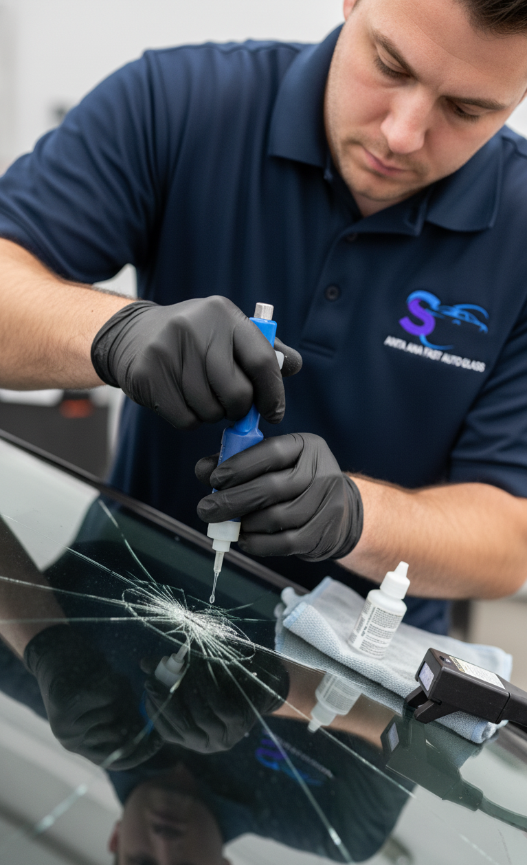 Santa Ana Fast Auto Glass technician repairing a cracked windshield in Santa Ana, CA