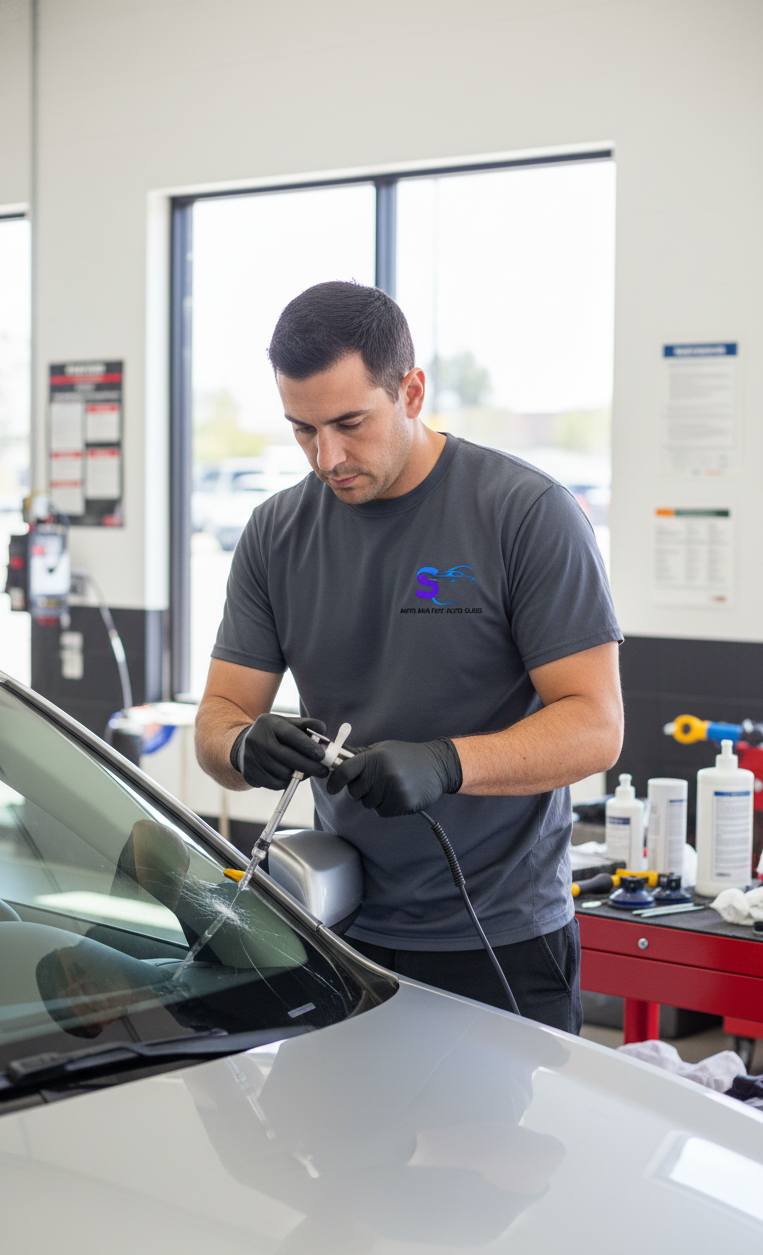 Santa Ana Fast Auto Glass technician repairing damaged auto glass in Santa Ana, CA