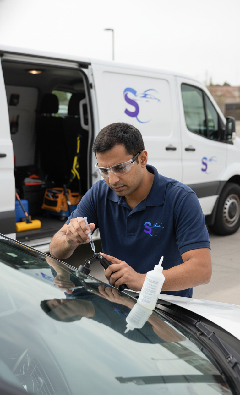 Santa Ana Fast Auto Glass technician injecting resin into a windshield chip during a mobile repair in Santa Ana, CA