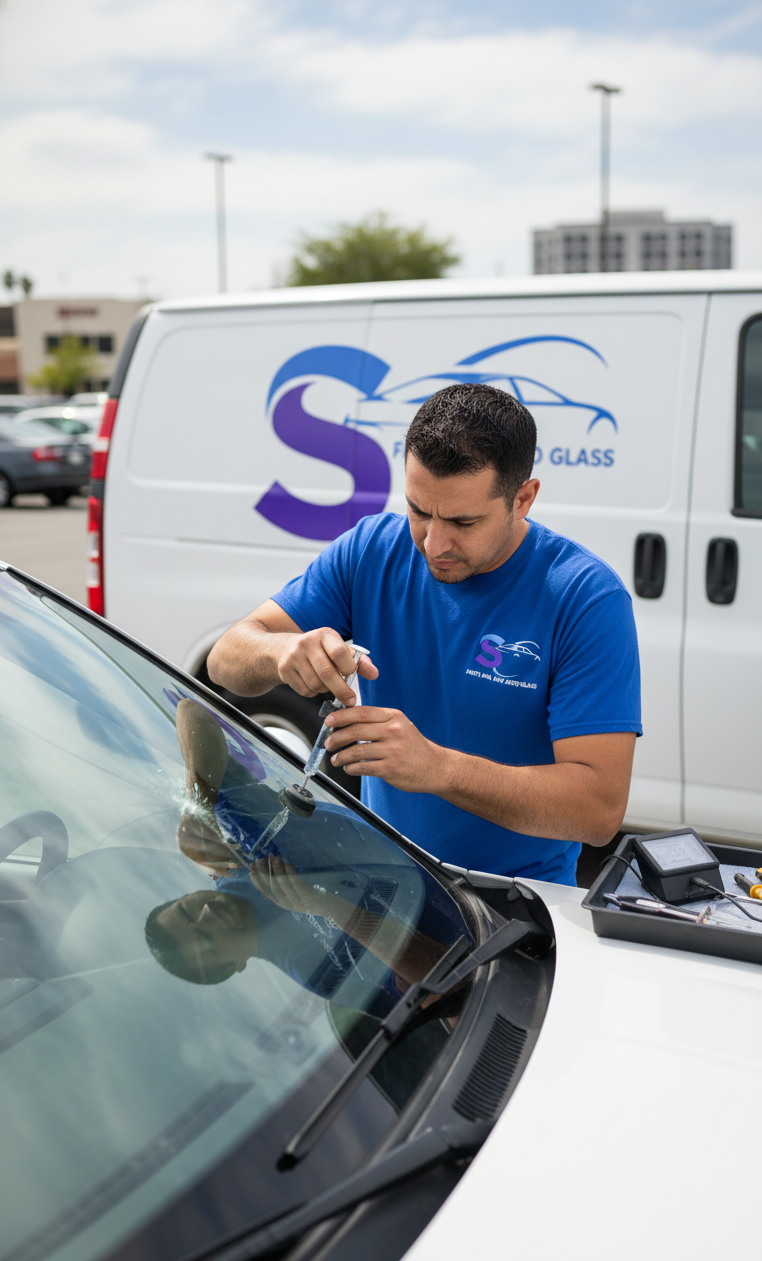 Santa Ana Fast Auto Glass technician performing a mobile windshield repair in Santa Ana, CA